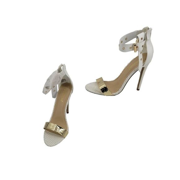 Shoe Dazzle Heels Phoebe White Snake Textured Ankle Strap Open Toe Stilettos 8 - Picture 1 of 10